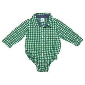 Gap Gingham Plaid Dress Shirt Onesie Green White 6-12 Mons